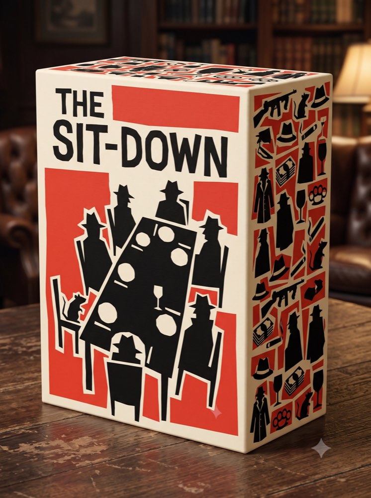 The Sit-Down game box standing on a wooden table